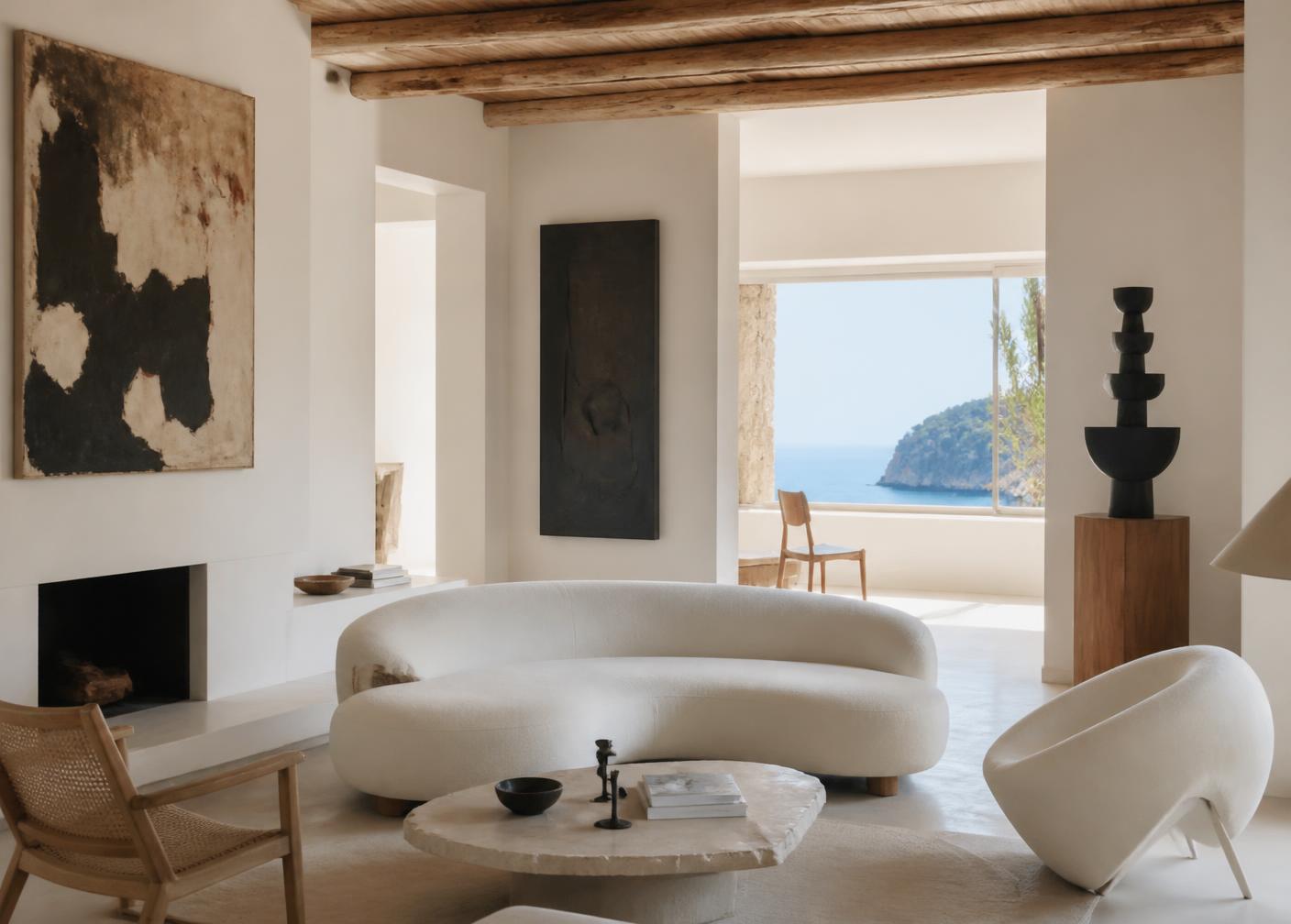 Interior de la villa con obras de arte y vistas al mar